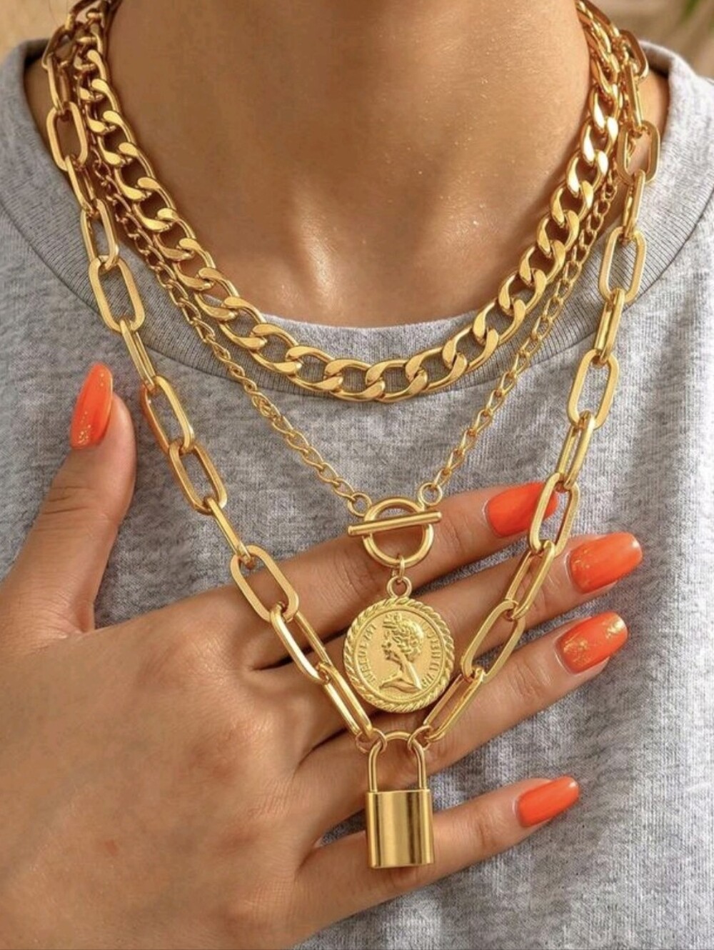 Gold Layered Coin & Lock Necklace Set - Women Jewelry